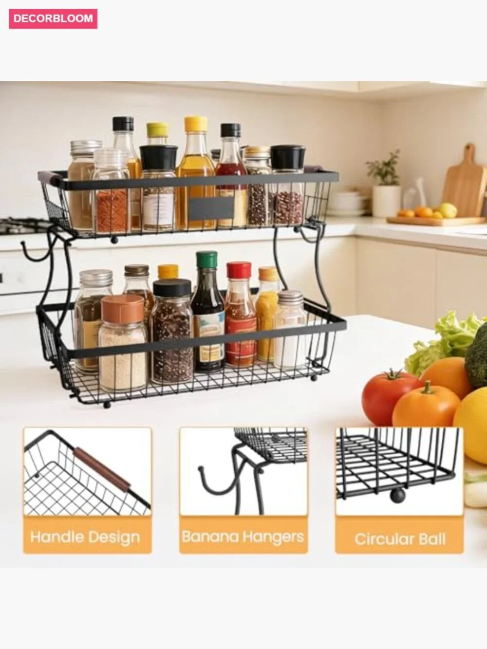 2-Tier Stackable Wire Basket with Banana Hooks, Pantry Organizer for Kitchen